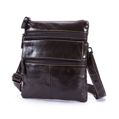 Black Cool Leather 8 inches Small Zipper Messenger Bag Vertical Shoulder Bag Brown Side Bag For Men - iwalletsmen