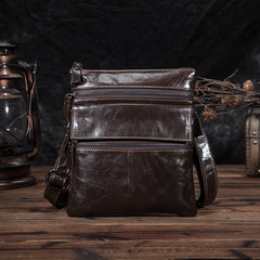 Black Cool Leather 8 inches Small Zipper Messenger Bag Vertical Shoulder Bag Brown Side Bag For Men - iwalletsmen