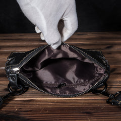 Black Cool Leather 8 inches Small Zipper Messenger Bag Vertical Shoulder Bag Brown Side Bag For Men - iwalletsmen