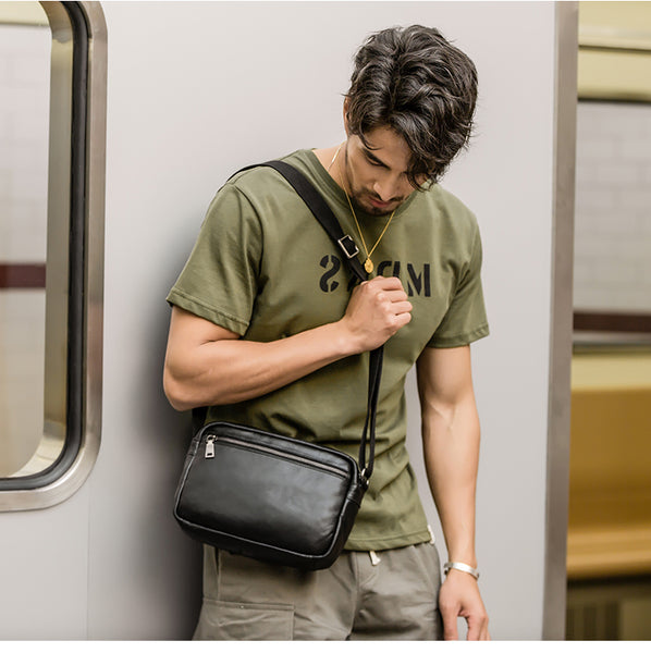 Black Cool Leather Mens Courier bag 10 inches Dark Green Side Bags Messenger Bags for Men - iwalletsmen