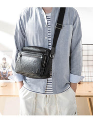 Black Cool Leather Mens 10 inches Courier Bag Postman Bag Black Messenger Bags Side Bag for Men - iwalletsmen