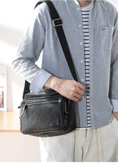 Black Cool Leather Mens 10 inches Courier Bag Postman Bag Black Messenger Bags Side Bag for Men - iwalletsmen