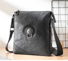 Black Cool Leather Mens 10 inches Vertical Courier Bag Postman Bag Black Cross Messenger Bags Side Bag for Men - iwalletsmen