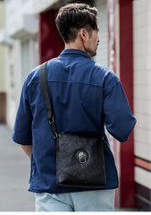 Black Cool Leather Mens 10 inches Vertical Courier Bag Postman Bag Black Cross Messenger Bags Side Bag for Men - iwalletsmen