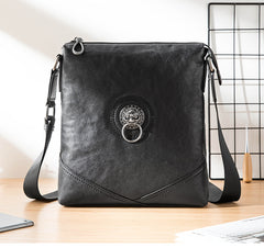 Black Cool Leather Mens 10 inches Vertical Courier Bag Postman Bag Black Cross Messenger Bags Side Bag for Men - iwalletsmen