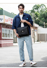 Black Cool Leather Mens 10 inches Vertical Courier Bag Postman Bag Black Cross Messenger Bags Side Bag for Men - iwalletsmen