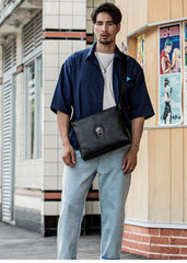 Black Cool Leather Mens 10 inches Vertical Courier Bag Postman Bag Black Cross Messenger Bags Side Bag for Men - iwalletsmen