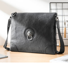 Black Cool Leather Mens 10 inches Vertical Courier Bag Postman Bag Black Cross Messenger Bags Side Bag for Men - iwalletsmen