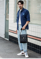 Black Cool Leather Mens 10 inches Vertical Courier Bag Postman Bag Black Cross Messenger Bags Side Bag for Men - iwalletsmen