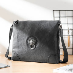 Black Cool Leather Mens 10 inches Vertical Courier Bag Postman Bag Black Cross Messenger Bags Side Bag for Men - iwalletsmen