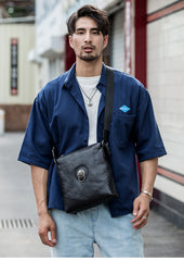 Black Cool Leather Mens 10 inches Vertical Courier Bag Postman Bag Black Cross Messenger Bags Side Bag for Men - iwalletsmen