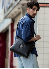 Black Cool Leather Mens 10 inches Vertical Courier Bag Postman Bag Black Cross Messenger Bags Side Bag for Men - iwalletsmen
