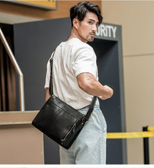 Fashion Black Leather Mens 12 inches Side Bag Messenger Bags Black Postman Bag Courier Bag for Men - iwalletsmen
