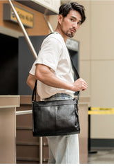 Fashion Black Leather Mens 12 inches Side Bag Messenger Bags Black Postman Bag Courier Bag for Men - iwalletsmen