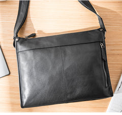 Fashion Black Leather Mens 12 inches Side Bag Messenger Bags Black Postman Bag Courier Bag for Men - iwalletsmen