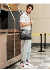 Fashion Black Leather Mens 12 inches Side Bag Messenger Bags Black Postman Bag Courier Bag for Men - iwalletsmen