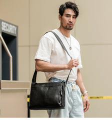 Fashion Black Leather Mens 12 inches Side Bag Messenger Bags Black Postman Bag Courier Bag for Men - iwalletsmen