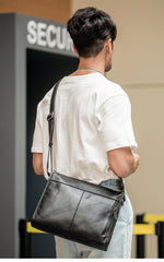 Fashion Black Leather Mens 12 inches Side Bag Messenger Bags Black Postman Bag Courier Bag for Men - iwalletsmen