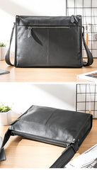 Fashion Black Leather Mens 12 inches Side Bag Messenger Bags Black Postman Bag Courier Bag for Men - iwalletsmen