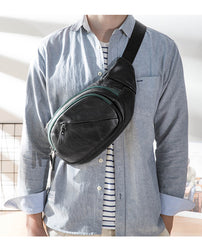 Cool Black Leather Mens Chest Bag Waist Bag Sling Bags Black Fanny Pack for Men - iwalletsmen