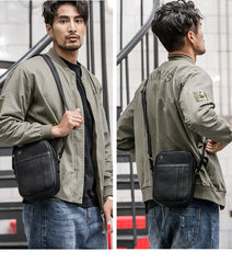 Black LEATHER MENS VERTICAL MINI SIDE BAG SMALL MESSENGER BAGS Black COURIER BAG FOR MEN - iwalletsmen