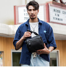 Black Cool Leather Mens Side Bag Postman Bag Small Black Messenger Bags Courier Bag for Men - iwalletsmen
