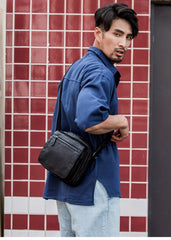 Black Cool Leather Mens Side Bag Postman Bag Small Black Messenger Bags Courier Bag for Men - iwalletsmen