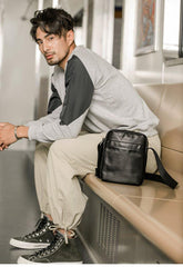 Black Cool Leather Mens Vertical Mini Courier Bag Postman Bag Black Messenger Bags Side Bag for Men - iwalletsmen