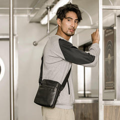 Black Cool Leather Mens Vertical Mini Courier Bag Postman Bag Black Messenger Bags Side Bag for Men - iwalletsmen