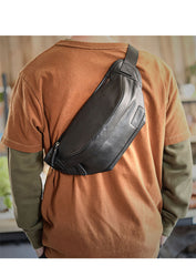 Black Cool Leather Mens Chest Bag Waist Bag Fanny Pack Hip Bag Bum Pack For Men - iwalletsmen
