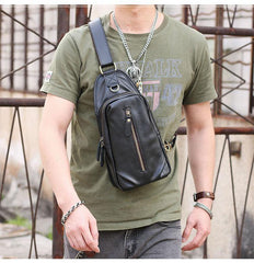 Black Cool Leather Mens Sling Bag Chest Bag Black One Shoulder Backpack For Men - iwalletsmen