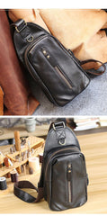 Black Cool Leather Mens Sling Bag Chest Bag Black One Shoulder Backpack For Men - iwalletsmen