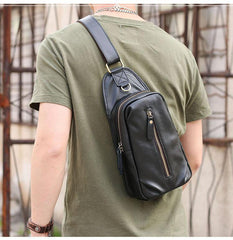 Black Cool Leather Mens Sling Bag Chest Bag Black One Shoulder Backpack For Men - iwalletsmen