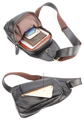 Black Cool Leather Mens Sling Bag Chest Bag Black One Shoulder Backpack For Men - iwalletsmen