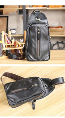 Black Cool Leather Mens Sling Bag Chest Bag Black One Shoulder Backpack For Men - iwalletsmen