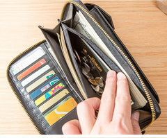 Black Cool Leather Mens Long Wallets Bifold Zipper Gray Long Wallet Card Wallet for Men - iwalletsmen
