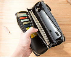 Black Cool Leather Mens Long Wallets Bifold Zipper Gray Long Wallet Card Wallet for Men - iwalletsmen