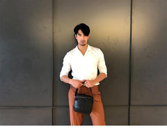 Black Cool Leather Mens Small Shoulder Bags Vertical Messenger Bags Square Phone Bag for Men - iwalletsmen