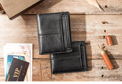 Black Cool Leather Mens Slim Small Wallets Bifold Vintage billfold Wallet Card Wallet for Men - iwalletsmen