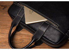 Black Leather Mens 13 inches Vertical Briefcase Laptop Shoulder Bag Coffee Business Work Bag for Men - iwalletsmen