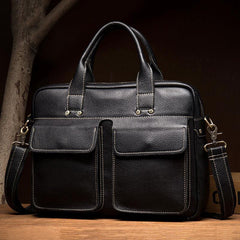 Black Leather Mens 13 inches Vertical Briefcase Laptop Shoulder Bag Coffee Business Work Bag for Men - iwalletsmen