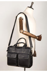 Black Leather Mens 13 inches Vertical Briefcase Laptop Shoulder Bag Coffee Business Work Bag for Men - iwalletsmen