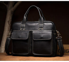 Black Leather Mens 13 inches Vertical Briefcase Laptop Shoulder Bag Coffee Business Work Bag for Men - iwalletsmen
