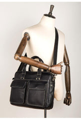 Black Leather Mens 13 inches Vertical Briefcase Laptop Shoulder Bag Coffee Business Work Bag for Men - iwalletsmen