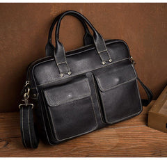 Black Leather Mens 13 inches Vertical Briefcase Laptop Shoulder Bag Coffee Business Work Bag for Men - iwalletsmen