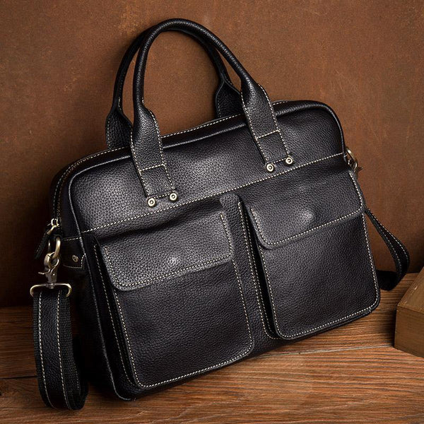 Black Leather Mens 13 inches Vertical Briefcase Laptop Shoulder Bag Coffee Business Work Bag for Men - iwalletsmen