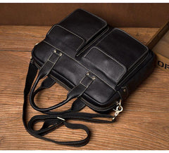 Black Leather Mens 13 inches Vertical Briefcase Laptop Shoulder Bag Coffee Business Work Bag for Men - iwalletsmen