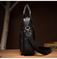 Black Leather Mens 13 inches Vertical Briefcase Laptop Shoulder Bag Coffee Business Work Bag for Men - iwalletsmen