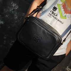 Black Fashion Leather Mens 10 inches Small Courier Bag Black Postman Bags Side Bag Messenger Bag For Men - iwalletsmen
