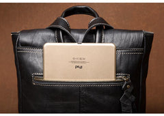 Fashion Mens Black Leather 14-inch Satchel Computer Backpacks Cool Travel Backpacks School Backpack for men - iwalletsmen